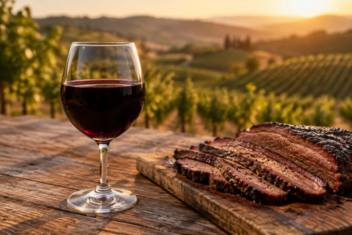 Glas blæksort rødvin ved grillet oksekød på bræt med californiske vinmarker bagved