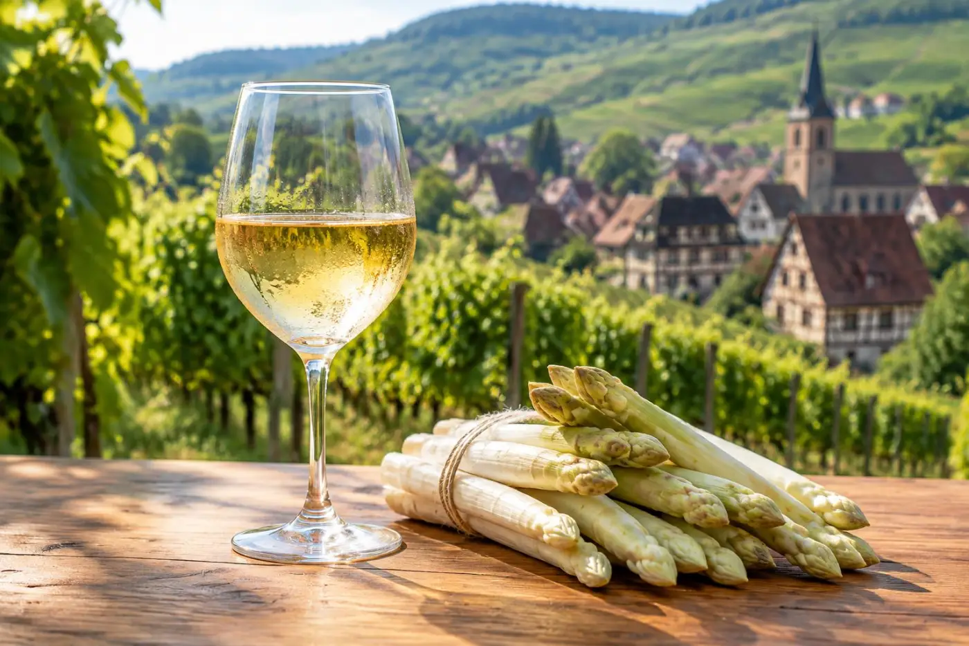 Glas lysgylden Pinot Blanc med hvide asparges på bord i vinmark i Alsace