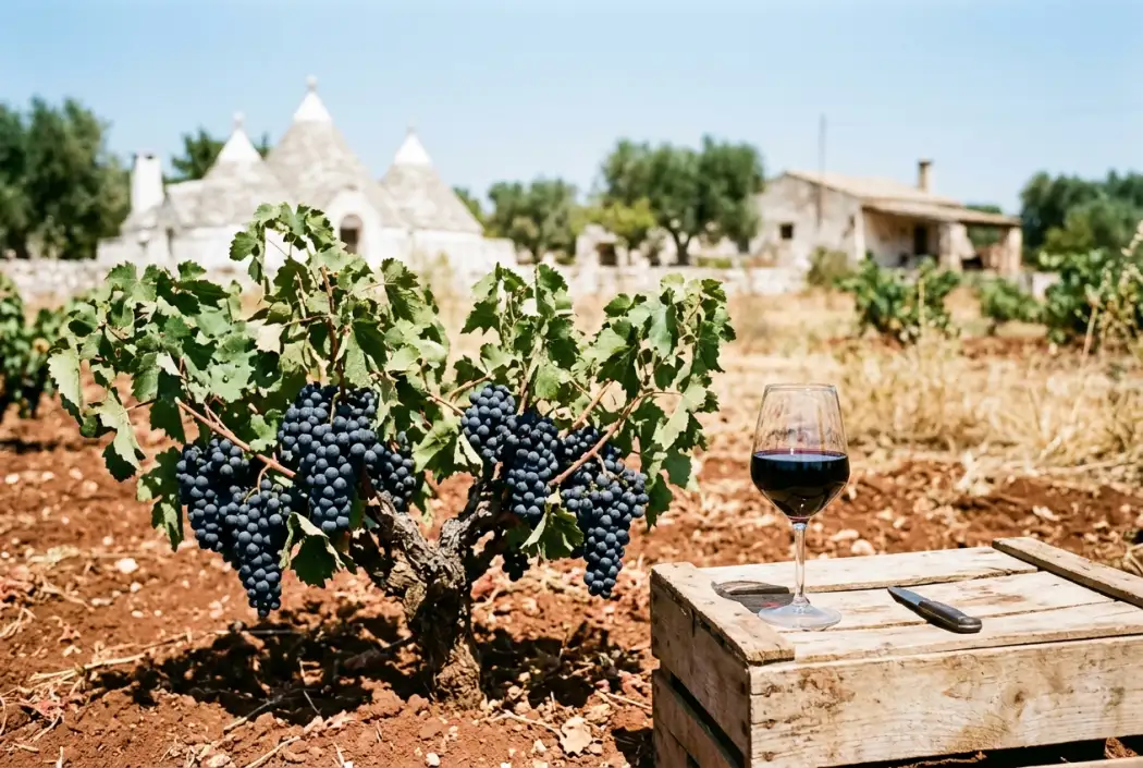 Lav Primitivo-buskvinstok med sorte druer og glas mørk vin foran trulli-huse i Puglia
