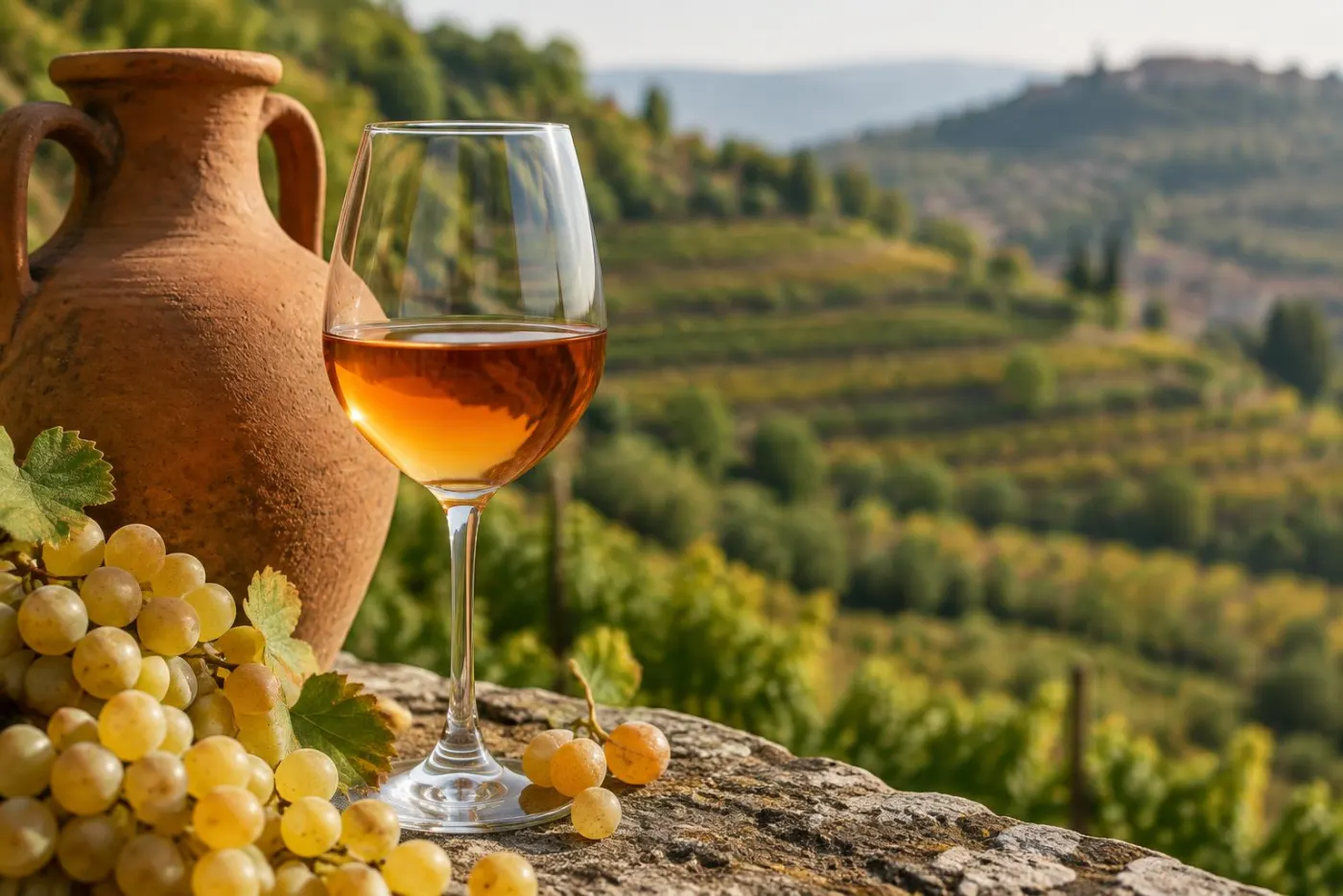 Glas ravfarvet orange vin ved lerkar og gyldne druer på terrasser i Collio