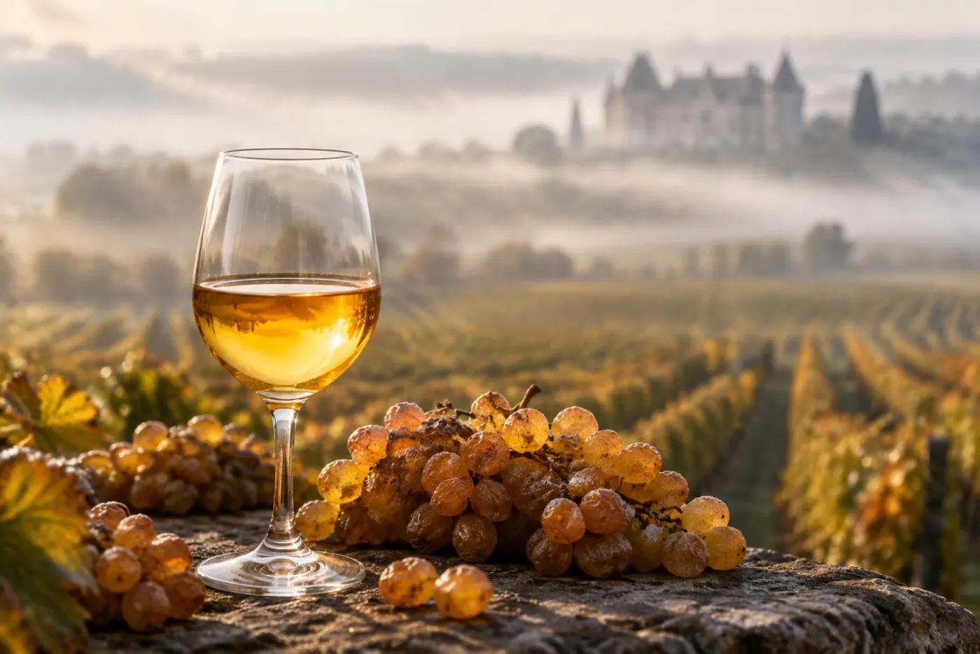 Glas gylden Sauternes med ædelrådne Sémillon-druer i efterårståget vinmark