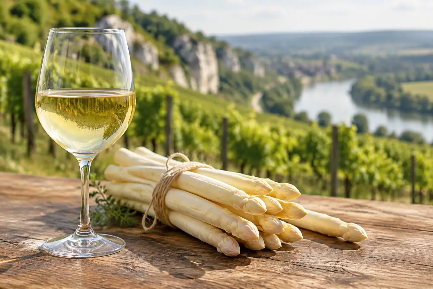 Glas lys Silvaner med hvide asparges foran vinmarker ved floden Main
