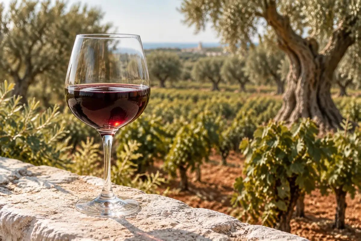 Et glas mørk rødvin mellem oliventræer og vinstokke i Salento