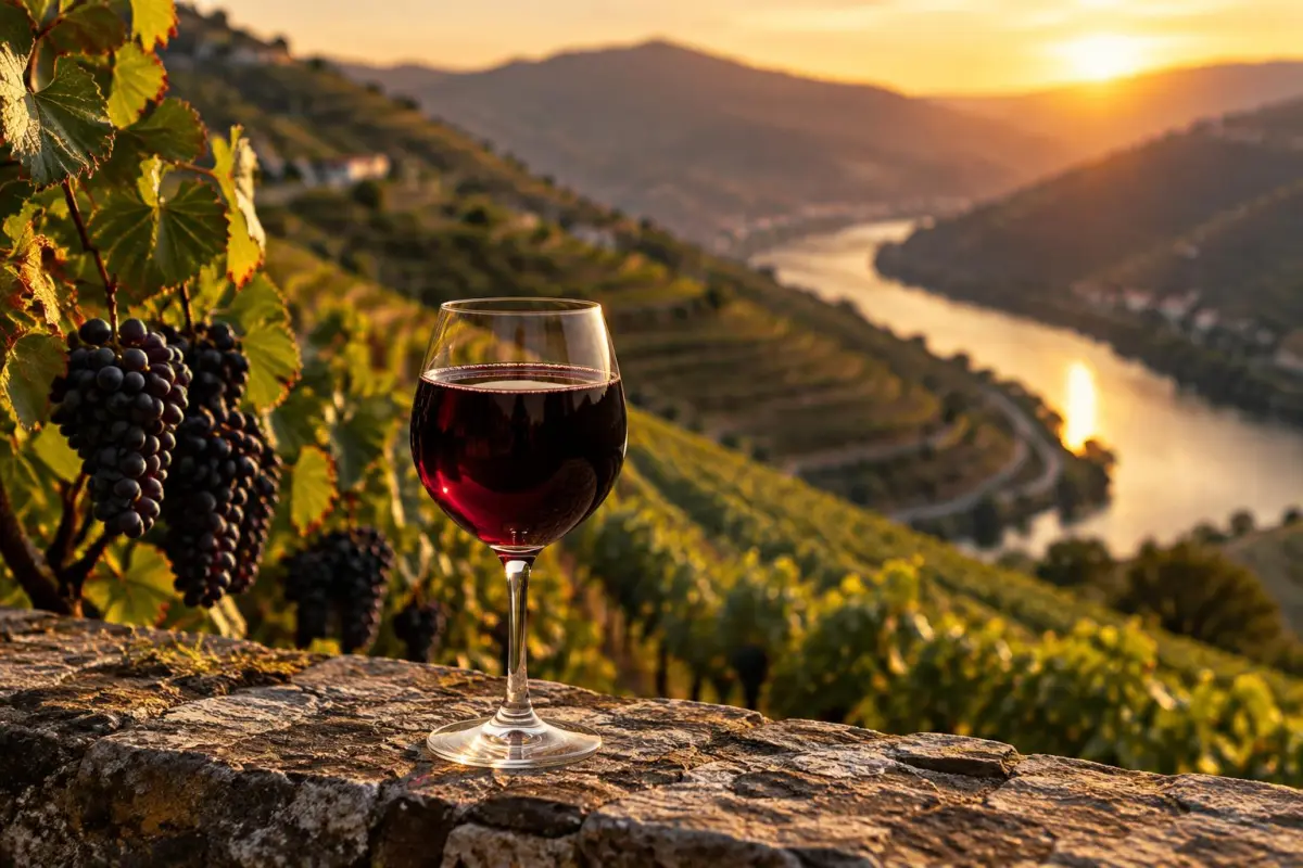 Et glas mørk rødvin foran skiferterrasser ved Douro-floden