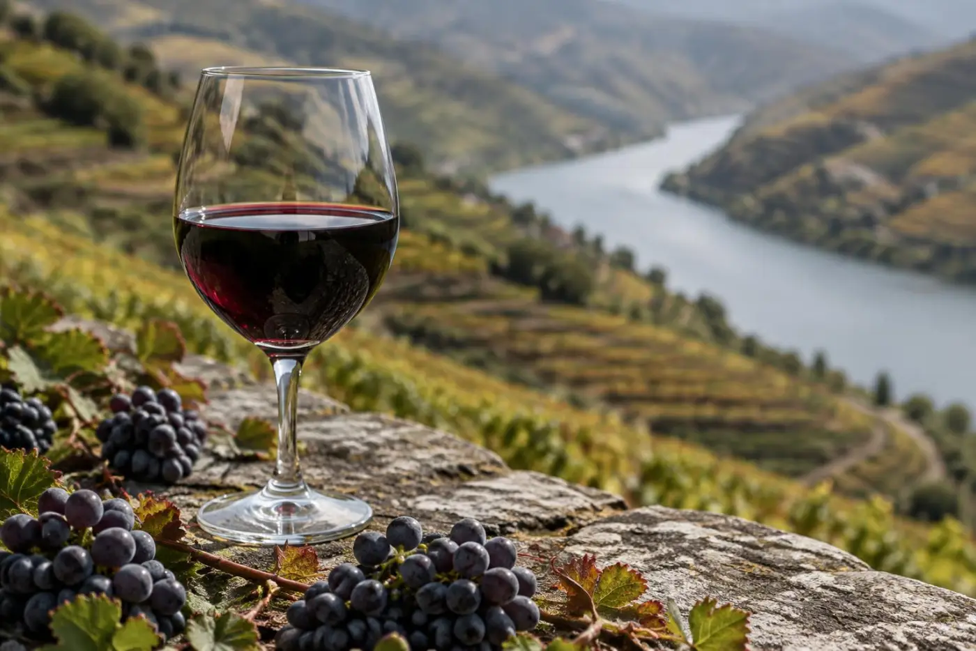 Glas mørk rødvin på stenmur over Douro-dalens terrasserede vinmarker langs floden