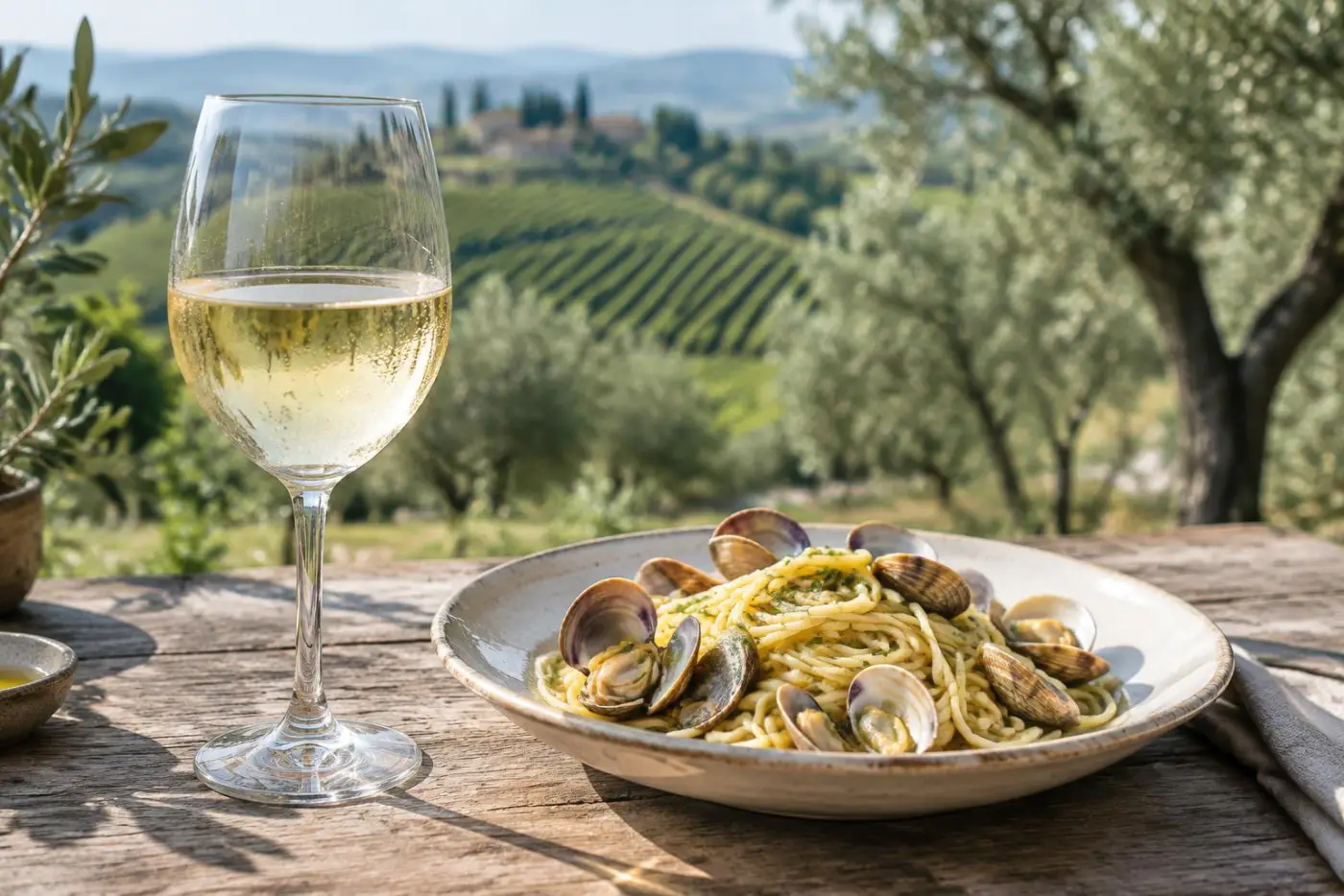 Glas bleg Trebbiano med pasta med muslinger på terrasse med italienske vinmarker