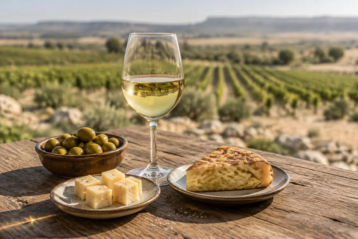 Glas lys Verdejo med spanske tapas på terrasse ved vinmarker i Rueda