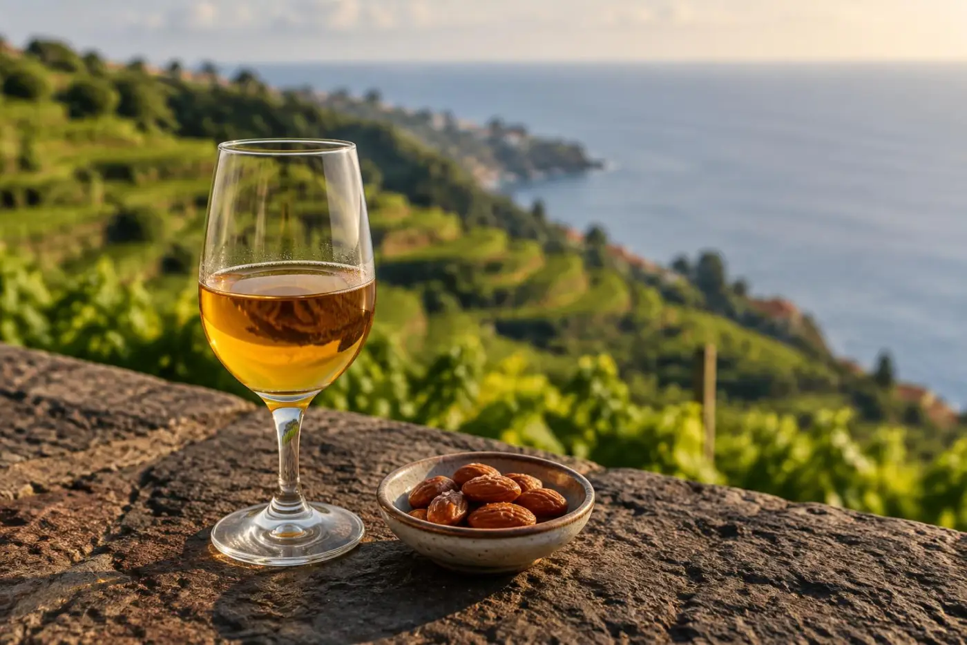 Glas ravfarvet madeira med ristede mandler på stenterrasse over Atlanterhavet
