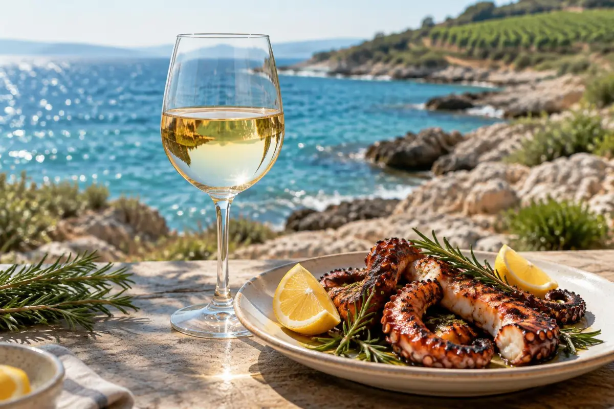Glas lys Vermentino med grillet blæksprutte og rosmarin ved Middelhavskysten