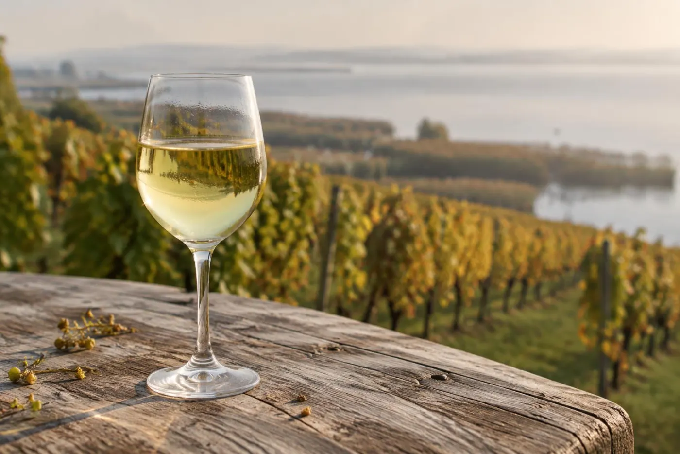 Glas lys hvidvin ved rækker af vinstokke ved Neusiedlersee i Burgenland