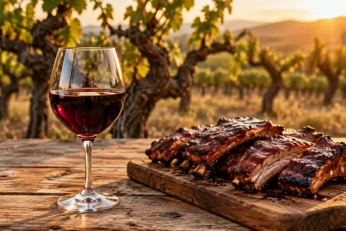 Glas mørk Zinfandel og grillede spareribs ved gamle buskvinstokke i Californien