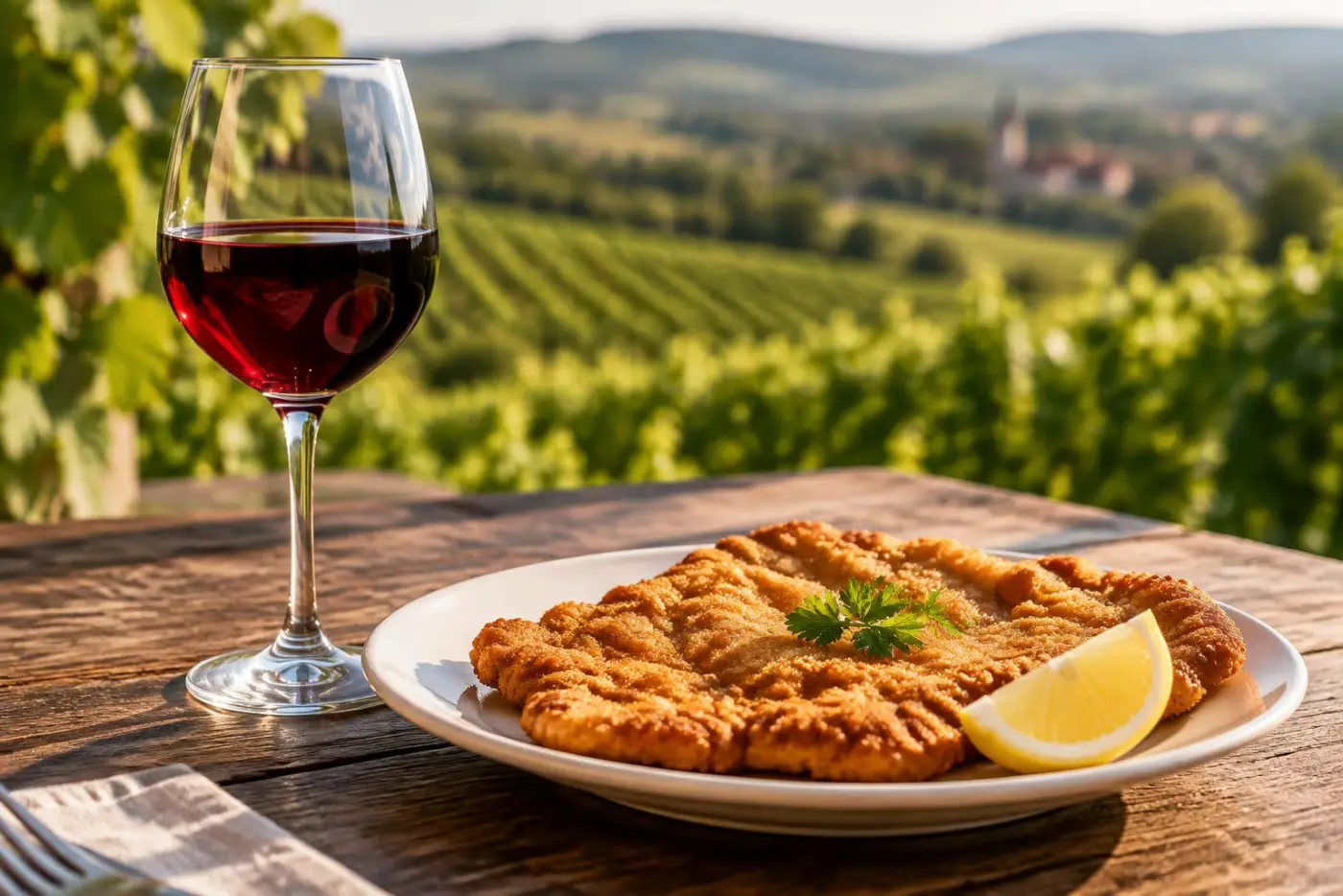 Glas rubinrød Zweigelt og wienerschnitzel på træbord ved østrigsk vinmark