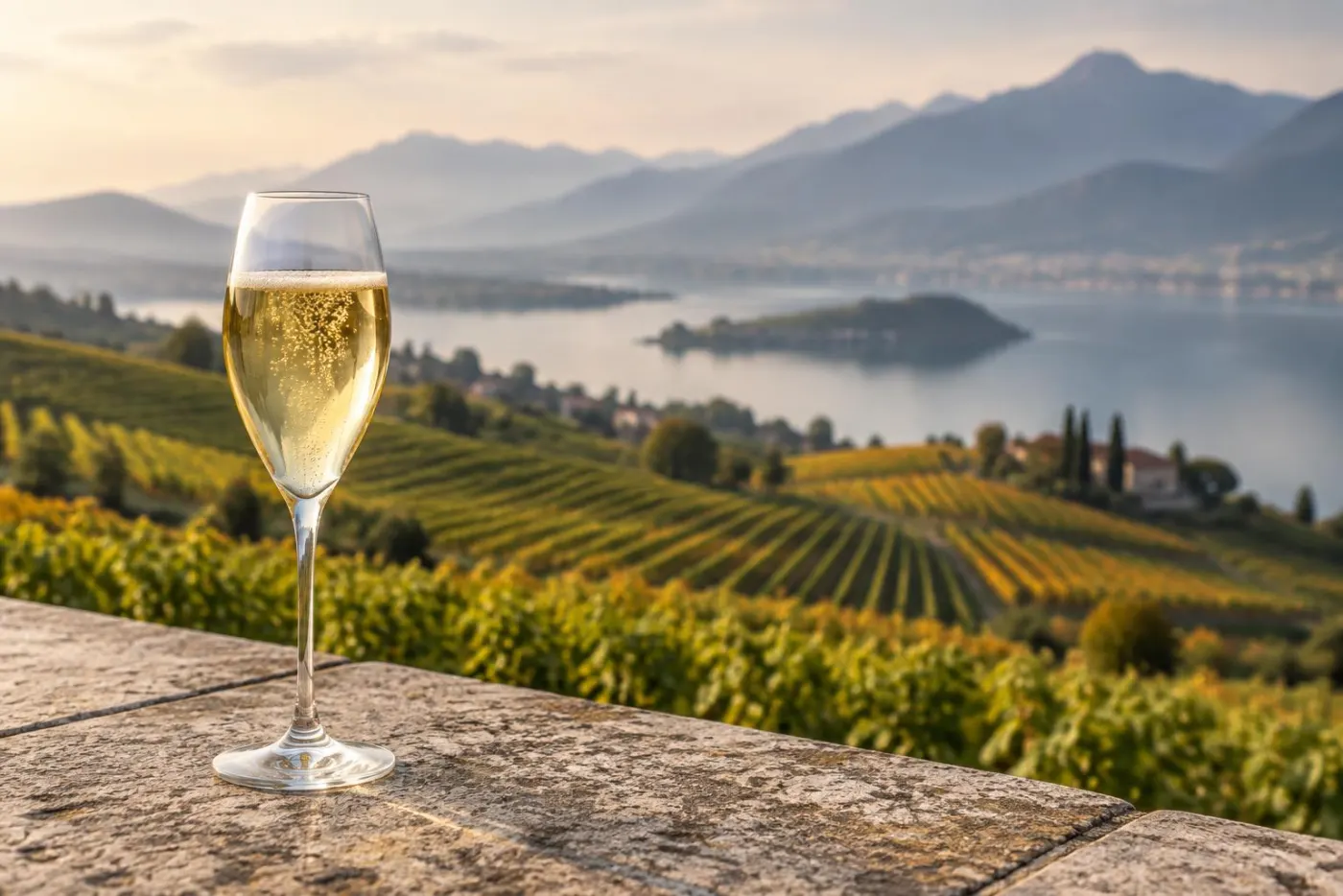 Morænebakker med vinmarker ved en sø og et glas gylden mousserende vin med fine bobler