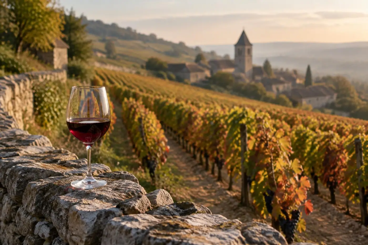 Stenmure og Pinot Noir-marker på skråningen ved Gevrey-Chambertin med et glas rødvin