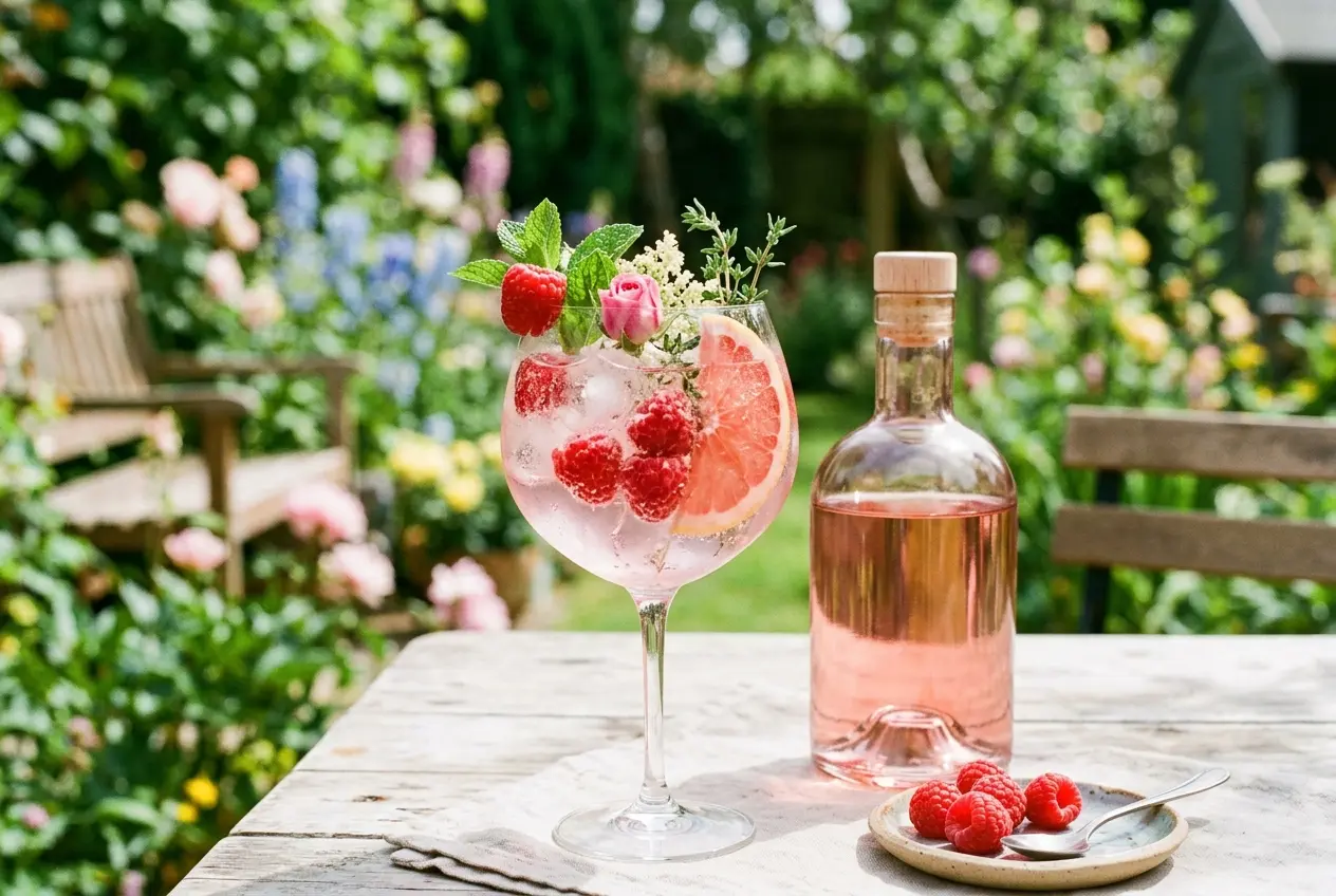 Farverige smagsgin med friske bær og botanicals på et bord