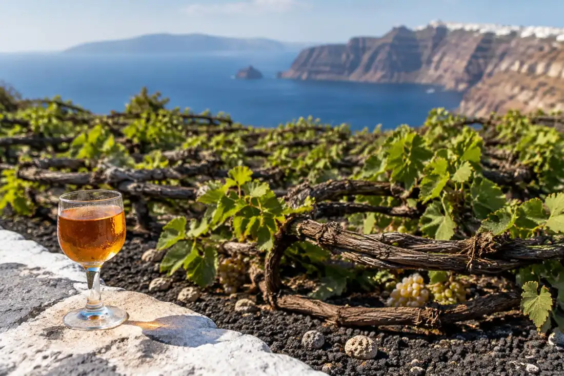 Vinstokke flettet som lave kurve på vulkansk jord på Santorini med et glas ravfarvet dessertvin