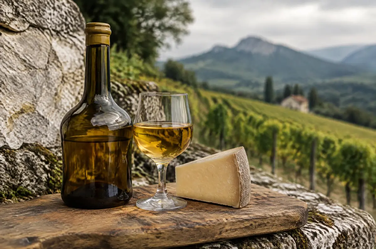 Glas gylden vin jaune og clavelin-flaske på kalkstensmur i Jura