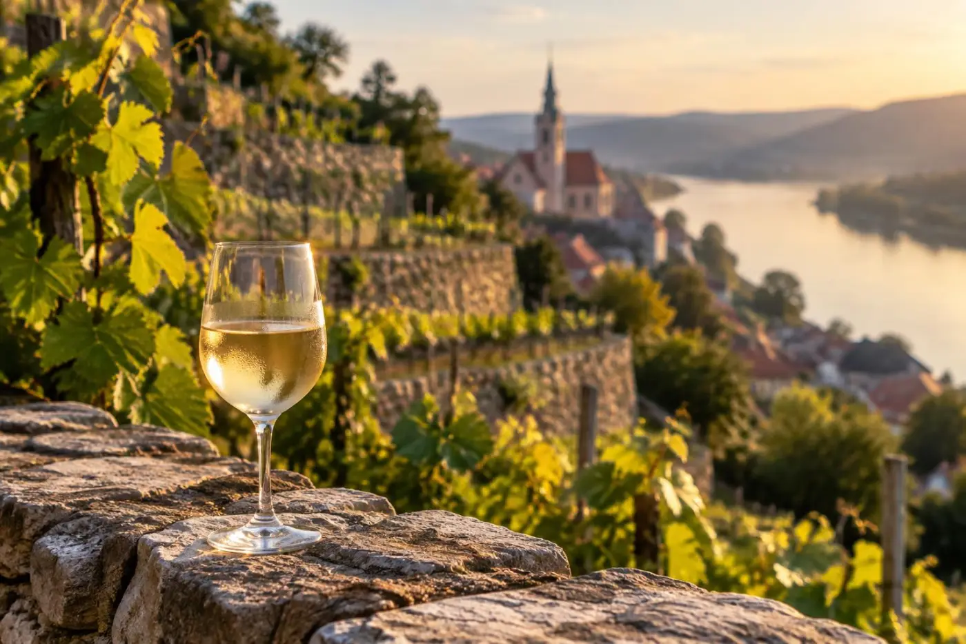 Stenterrasser med vinstokke over Donau ved Krems med et glas hvidvin
