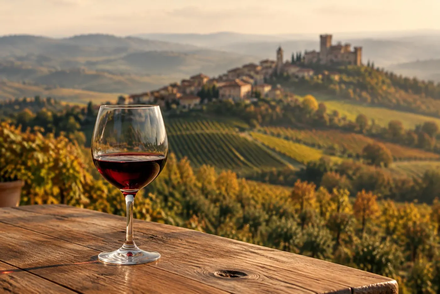 Bølgende vinmarker i Langhe med en bakketopby og et glas rødvin i forgrunden
