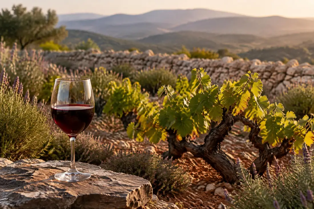 Gamle buskvinstokke i garrigue-landskab med glas rødvin, Languedoc