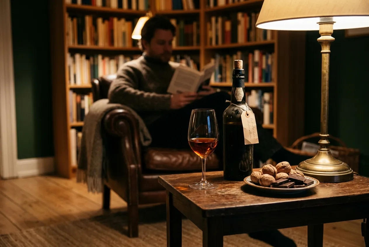 Glas Madeira med valnødder og chokolade i læsekrog med lædersofa