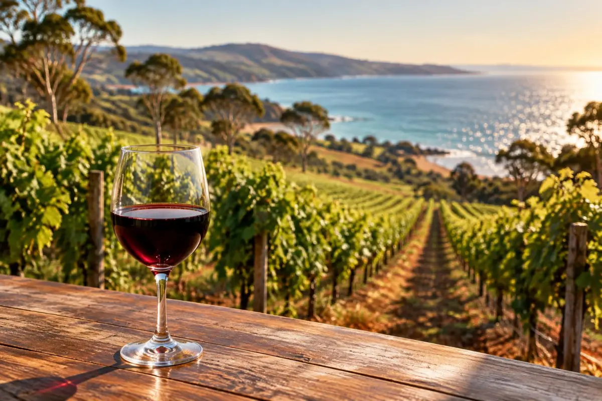 Vinmarker i McLaren Vale, der skråner ned mod havet, med et glas mørk rødvin