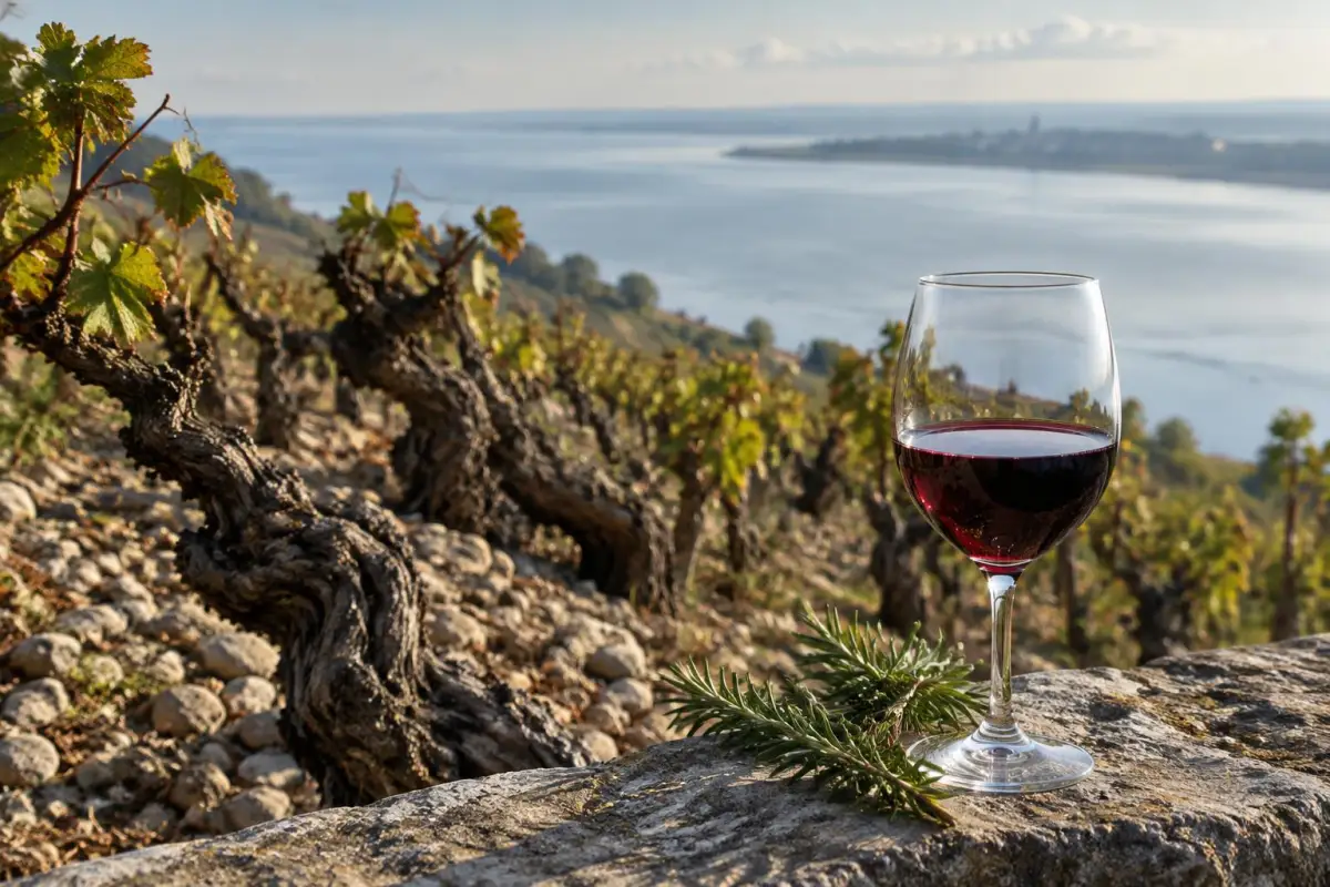 Dybe grusbanker med gamle Cabernet-stokke ved Gironde og et glas mørk rødvin