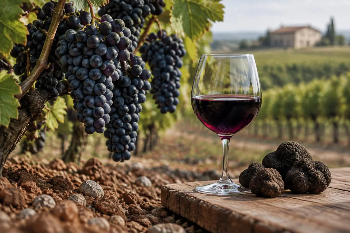 Merlot-druer på lerjord i et fladt vinlandskab med et glas mørkerød vin