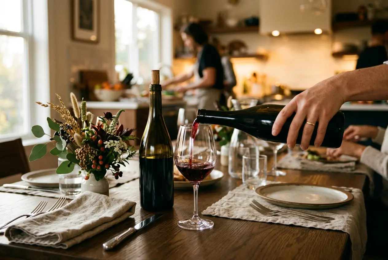 Vin skænkes ved et hyggeligt weekendbord med levende lys