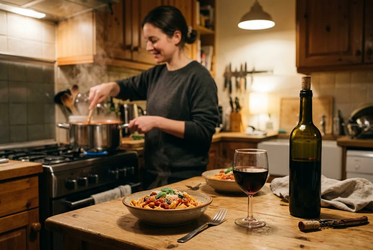 Glas hverdagsvin ved siden af gryde med pasta i et hjemligt køkken