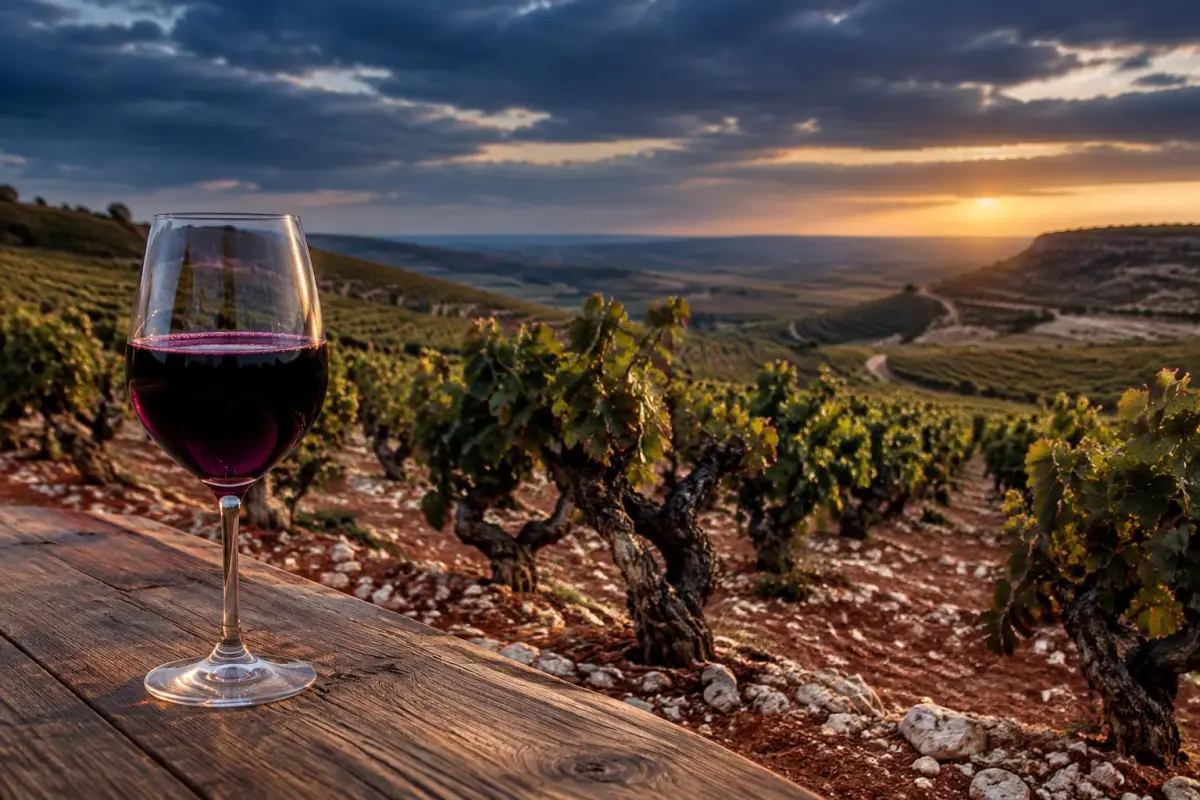 Gamle Tempranillo-vinstokke i Ribera del Duero med et glas koncentreret rødvin