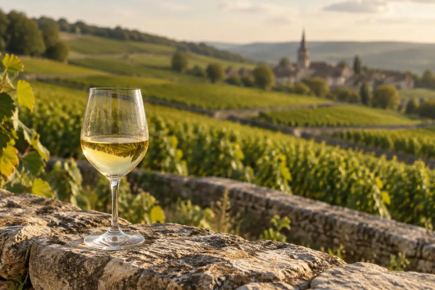 Vinmarker på Côte de Beaune i Bourgogne med et glas hvid Bourgogne