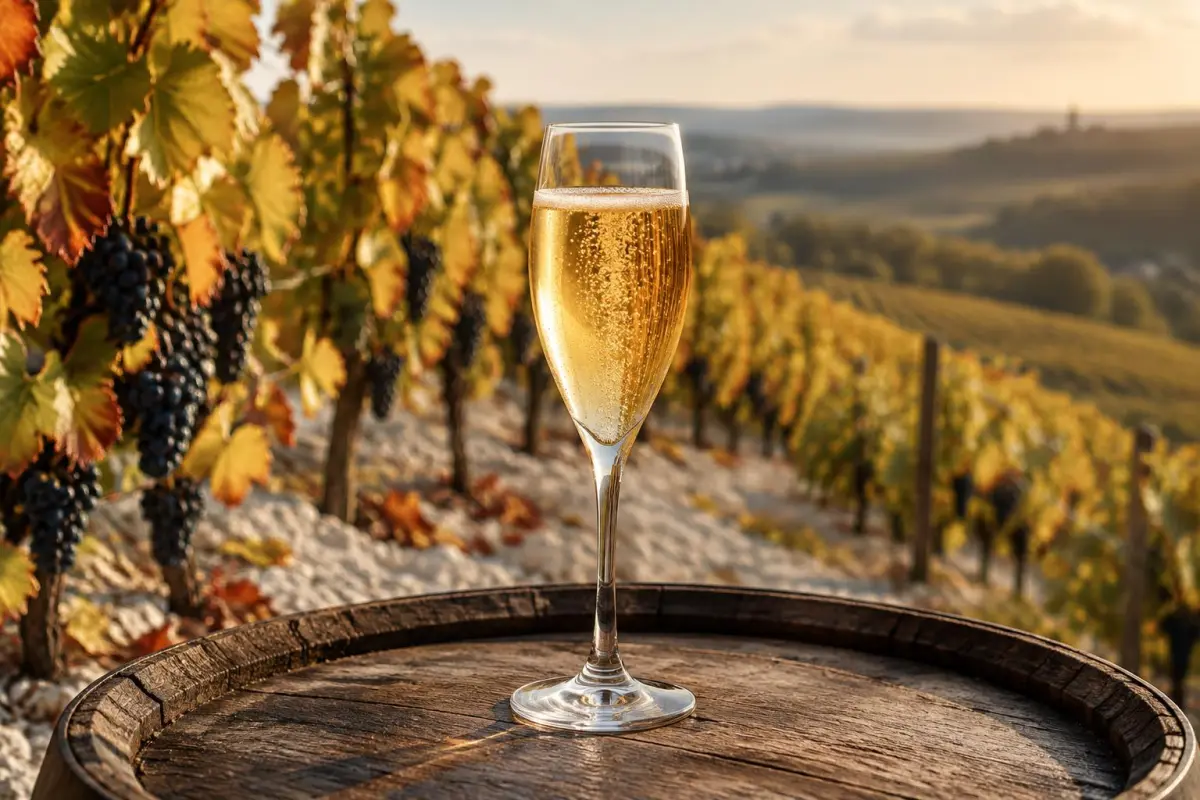 Pinot Noir-vinstokke på kridtskråning i Champagne med et glas gylden champagne