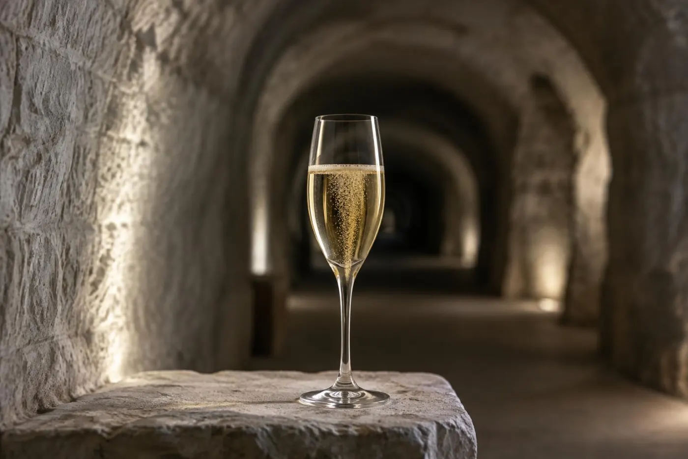 Kridtkælder i Champagne med et glas lys, perlende årgangschampagne i forgrunden