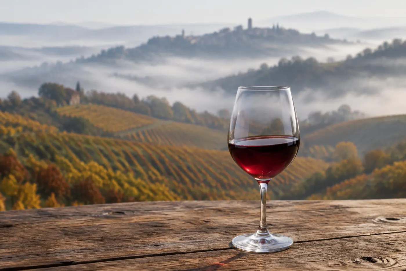 Bølgende vinbakker i Langhe ved Barbaresco med et glas Nebbiolo