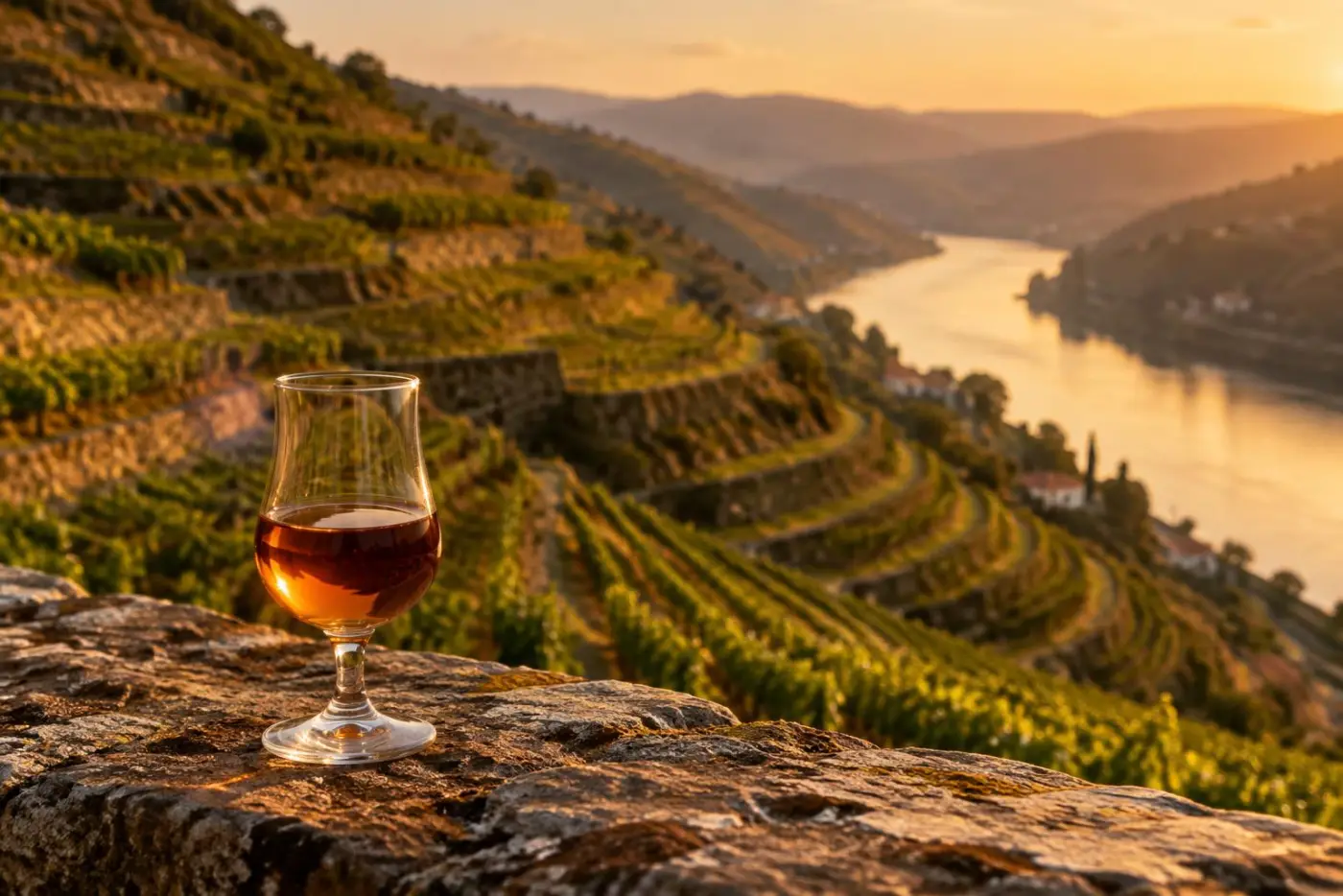 Terrasserede vinmarker i Douro-dalen med et glas ravfarvet tawny-portvin