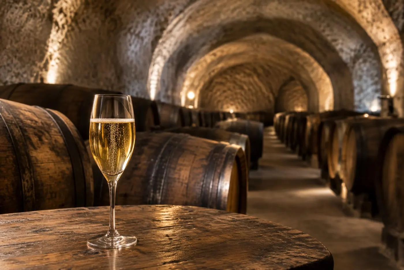 Rækker af små egetræsfade i en kølig kælder med et glas gylden champagne
