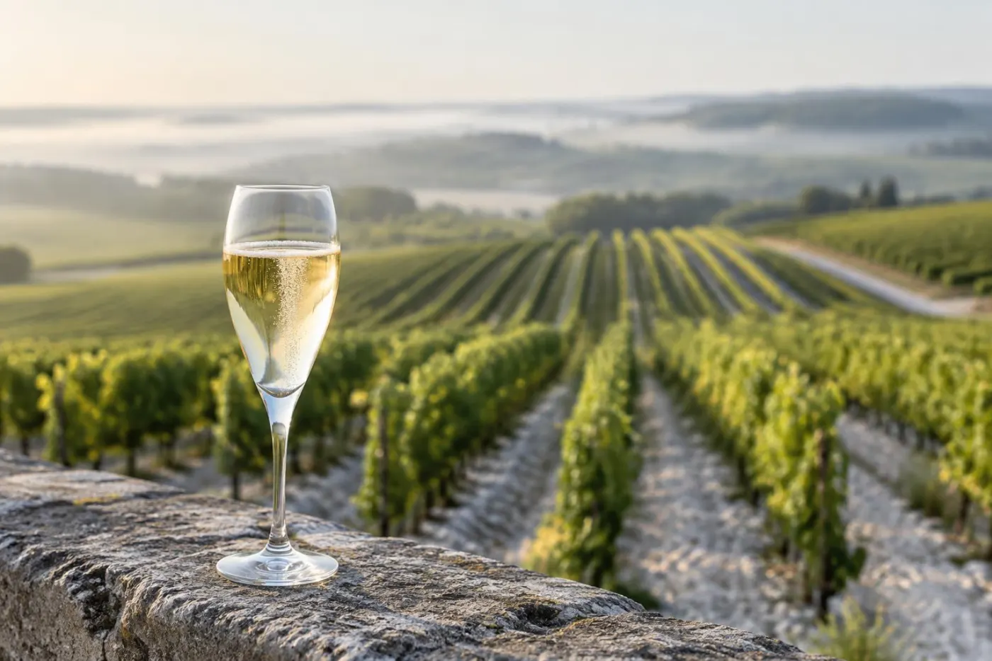 Vinmark i Côte des Blancs med Chardonnay og et glas lys champagne