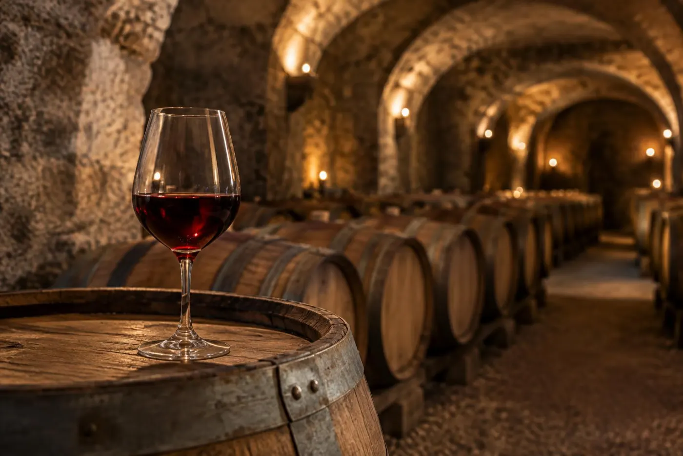 Gammel hvælvet vinkælder i Beaune med egetræsfade og et glas rød Bourgogne
