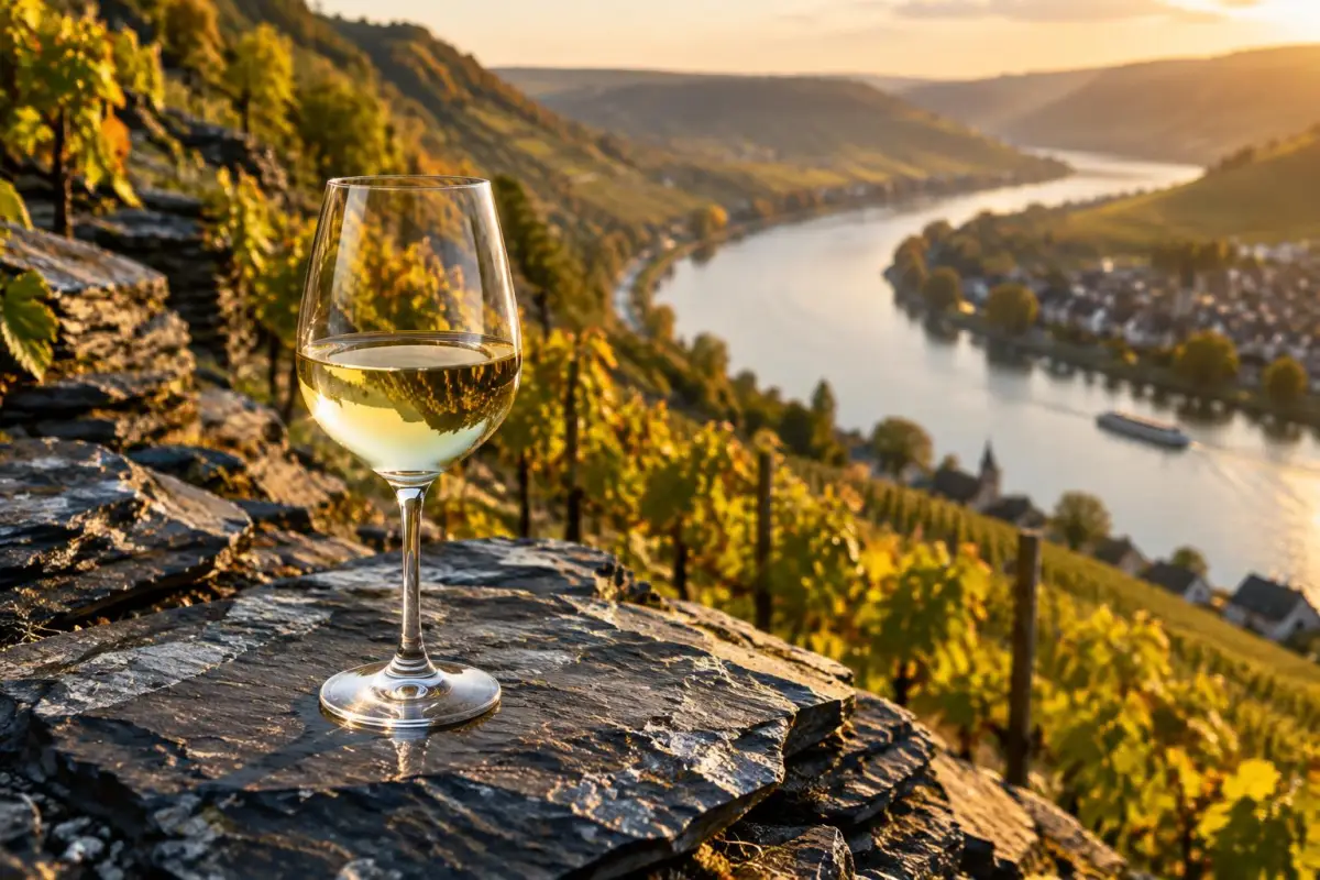 Stejl skifervinmark ved Mosel med Riesling og et glas lys, gylden hvidvin