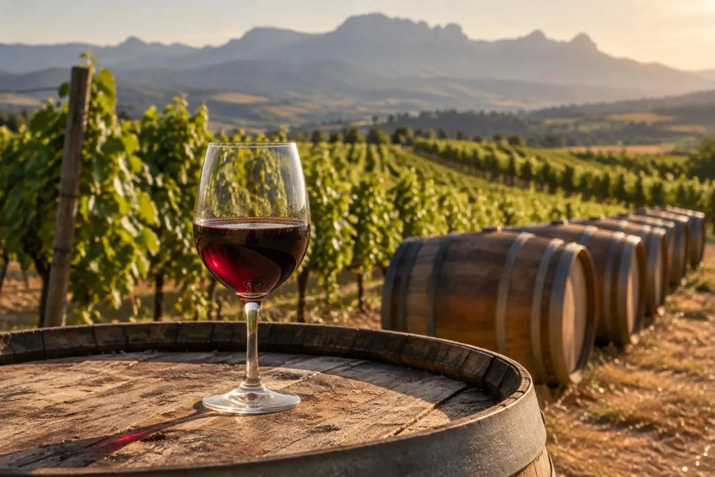Vinmarker i Rioja Alta ved Haro med egetræsfade og et glas Rioja
