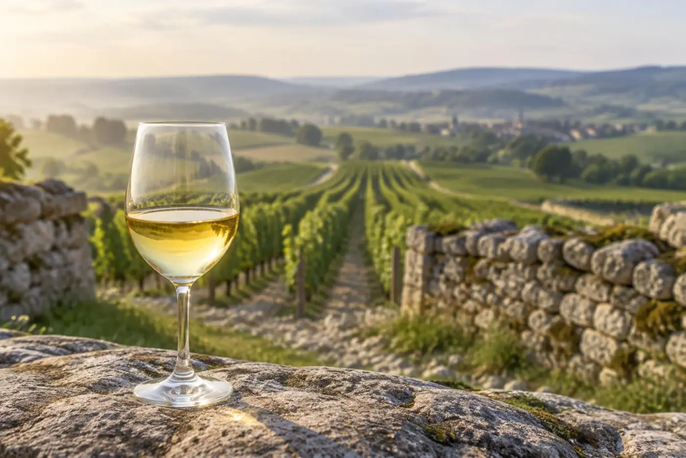 Vinmarker ved Puligny-Montrachet i Bourgogne med et glas gylden Chardonnay