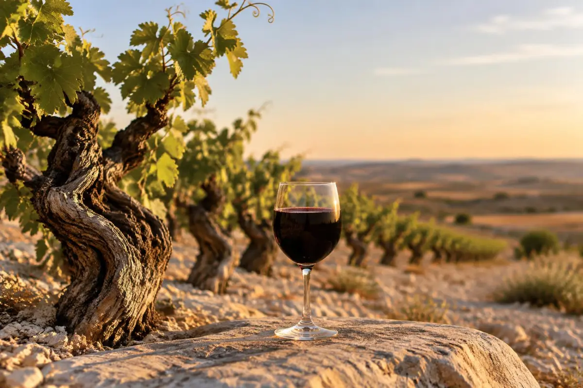 Gamle buskvinstokke på et højt plateau i Ribera del Duero med et glas rødvin