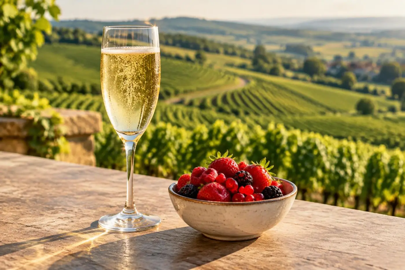 Festligt bord i Champagne med et glas frisk, perlende champagne i solskin
