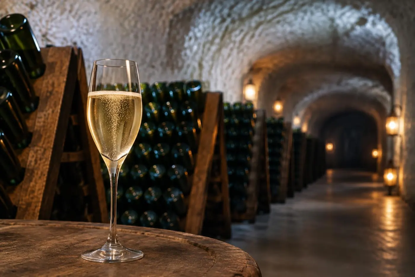 Dyb kridtkælder i Épernay med flasker i gyderør og et glas champagne