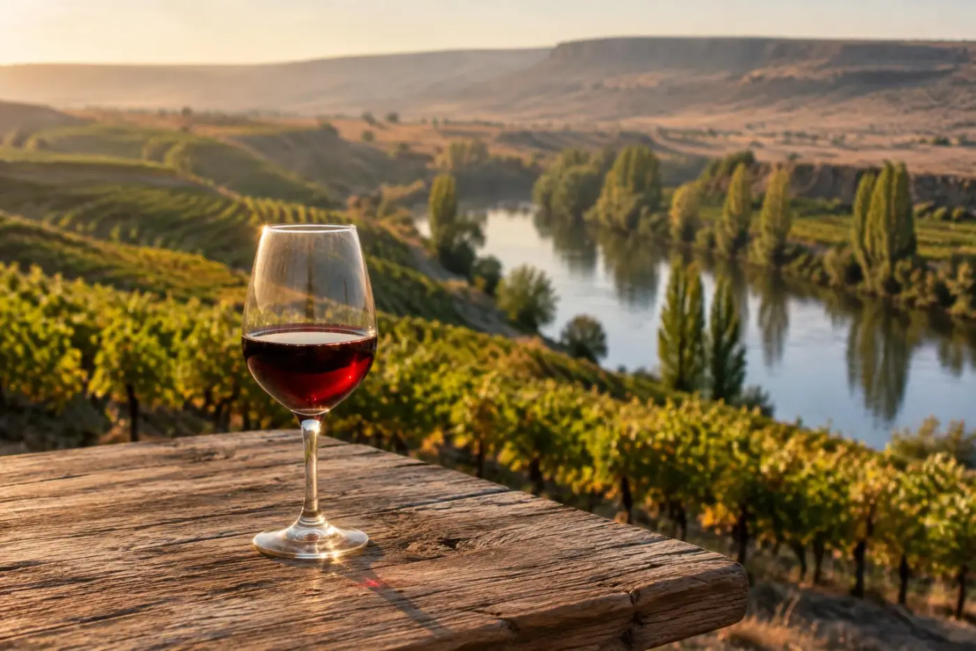 Vinmarker ved Duero-floden i Ribera del Duero med et glas mørk rødvin