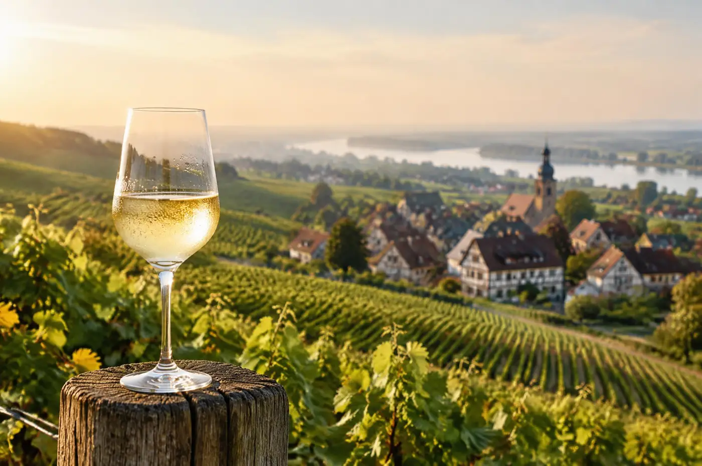 Bølgede vinbakker ved Rhinen med glas Riesling, Rheinhessen
