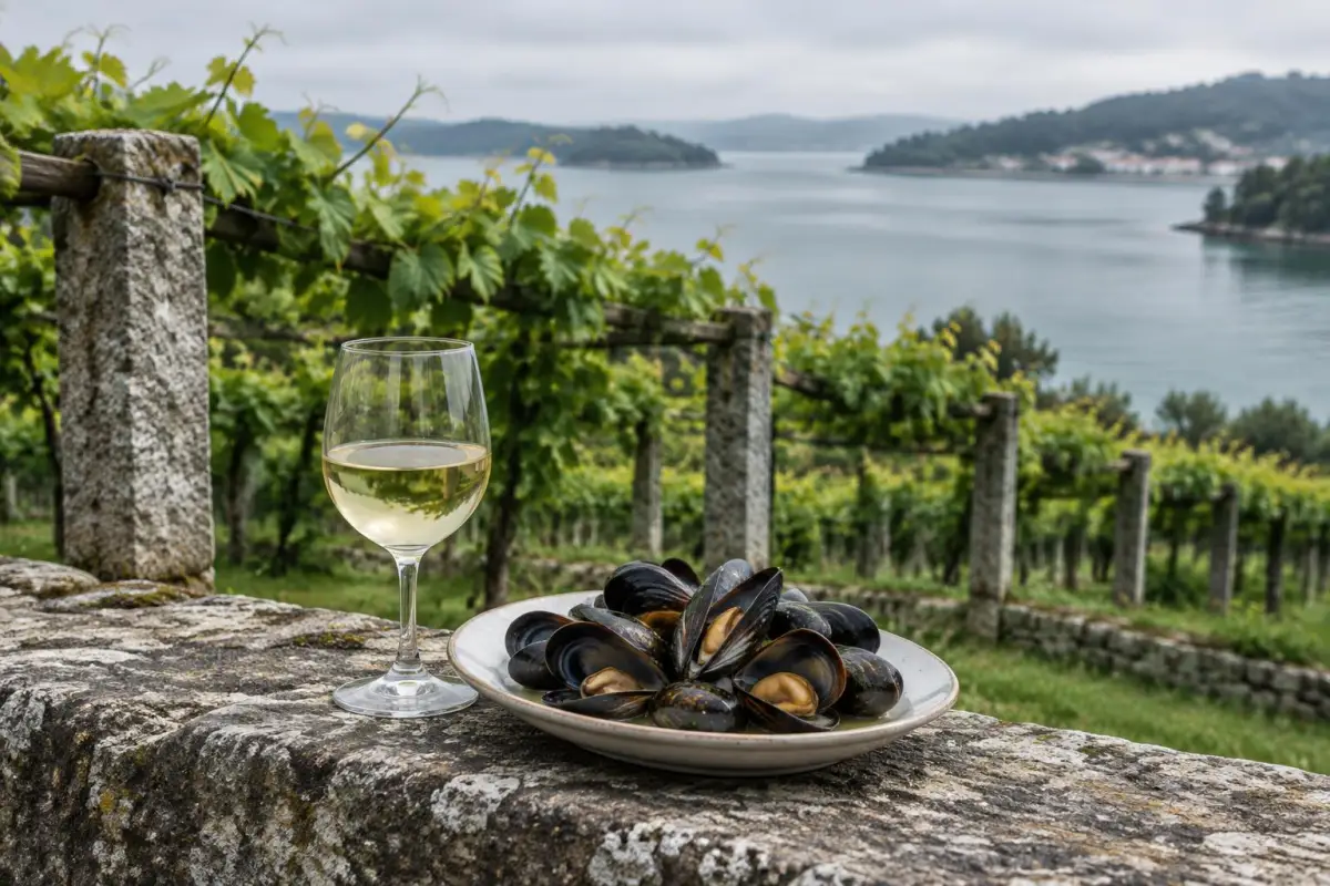 Vinstokke på granitpergolaer ved en grøn galicisk fjord med et glas hvidvin