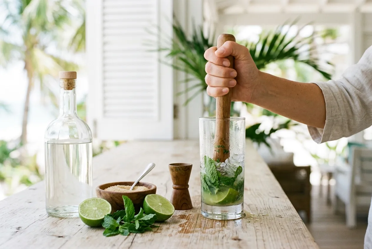 Mojito muddles med lime og mynte ved siden af en flaske lys rom