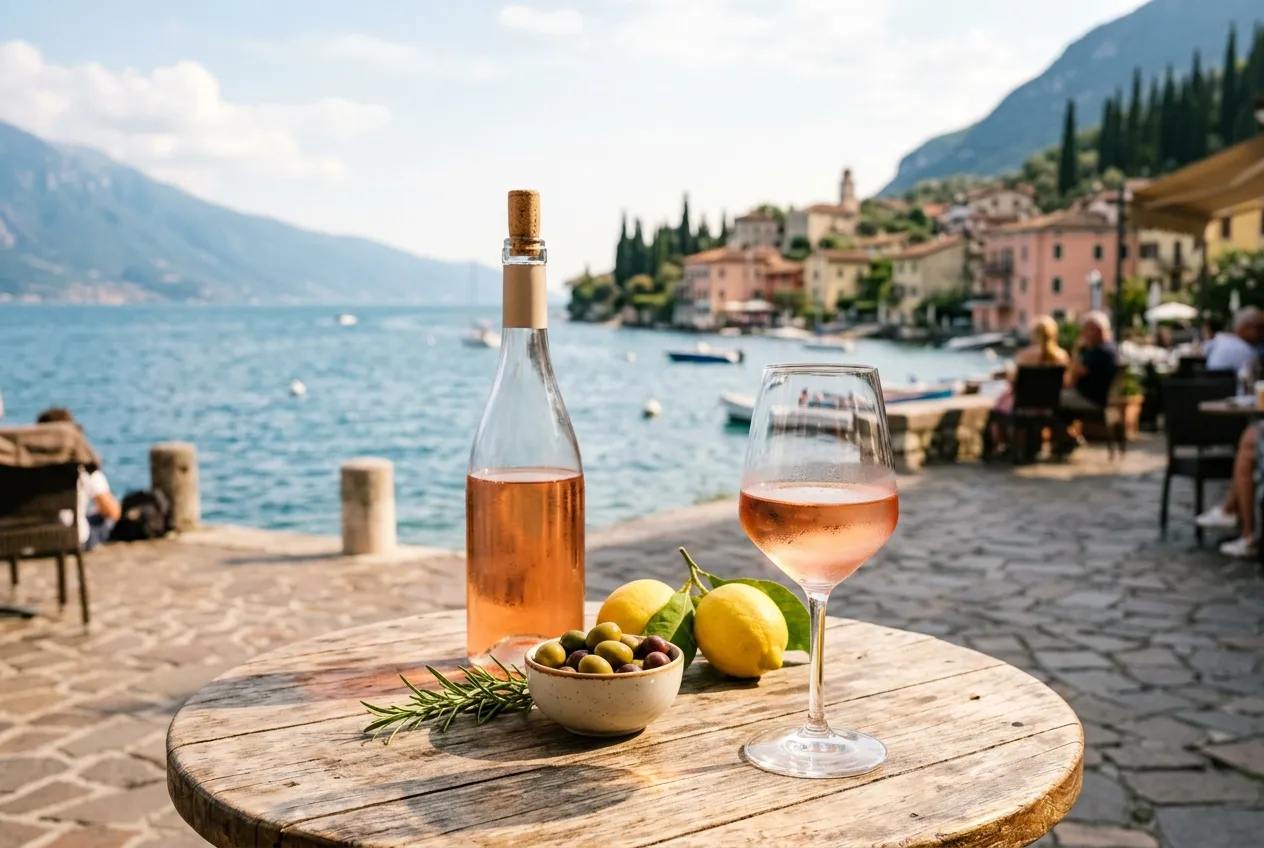 Italiensk rosato på en café ved Gardasøen med oliven og citroner